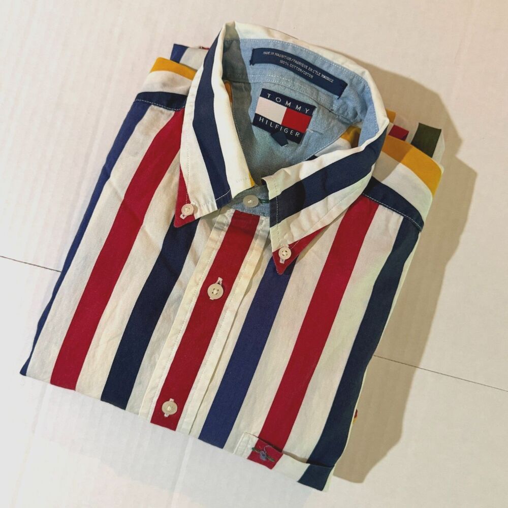 Tommy Hillfiger, 90s Vertical Stiped Collared Button Down Shirt, M 100% Cotton